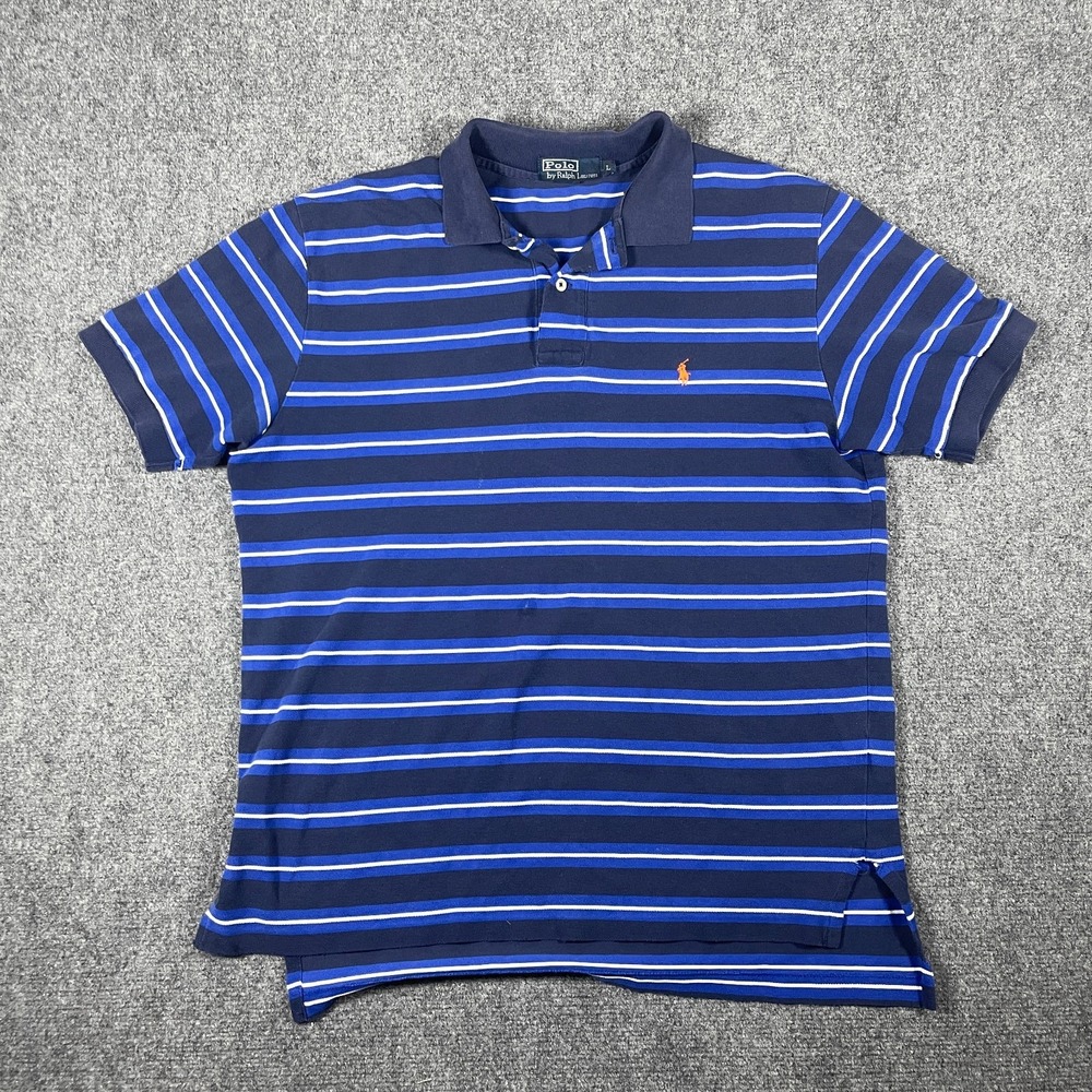 Vintage Polo Ralph Lauren Polo Shirt Mens Large Blue Striped Distressed Y2K